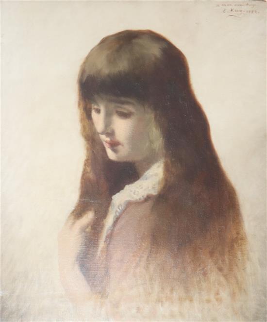 E. Krug, oil on canvas laid on board, Portrait of a young woman, signed and dated 1886, 53 x 44cm, unframed